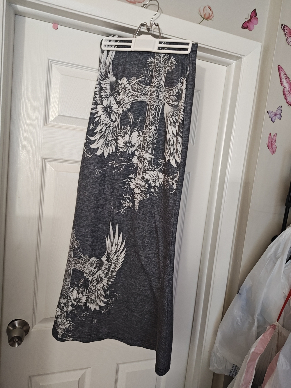 Source Unknown Charcoal Maxi Skirt with White Floral Cross Graphic